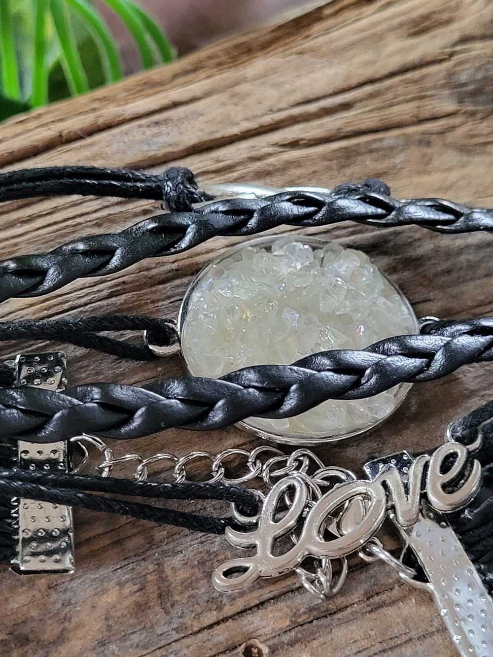 Black Braided Leather 'Love' Multi-Strand Bracelet with Crystal Pendant